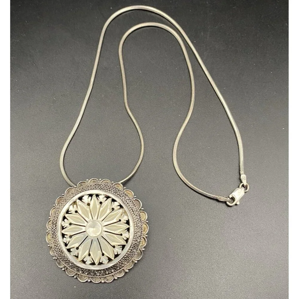 Vtg 950 Sterling Silver MOP Brooch Pendant Necklace Intricate Jerusalem 18” 14g - Picture 2 of 11